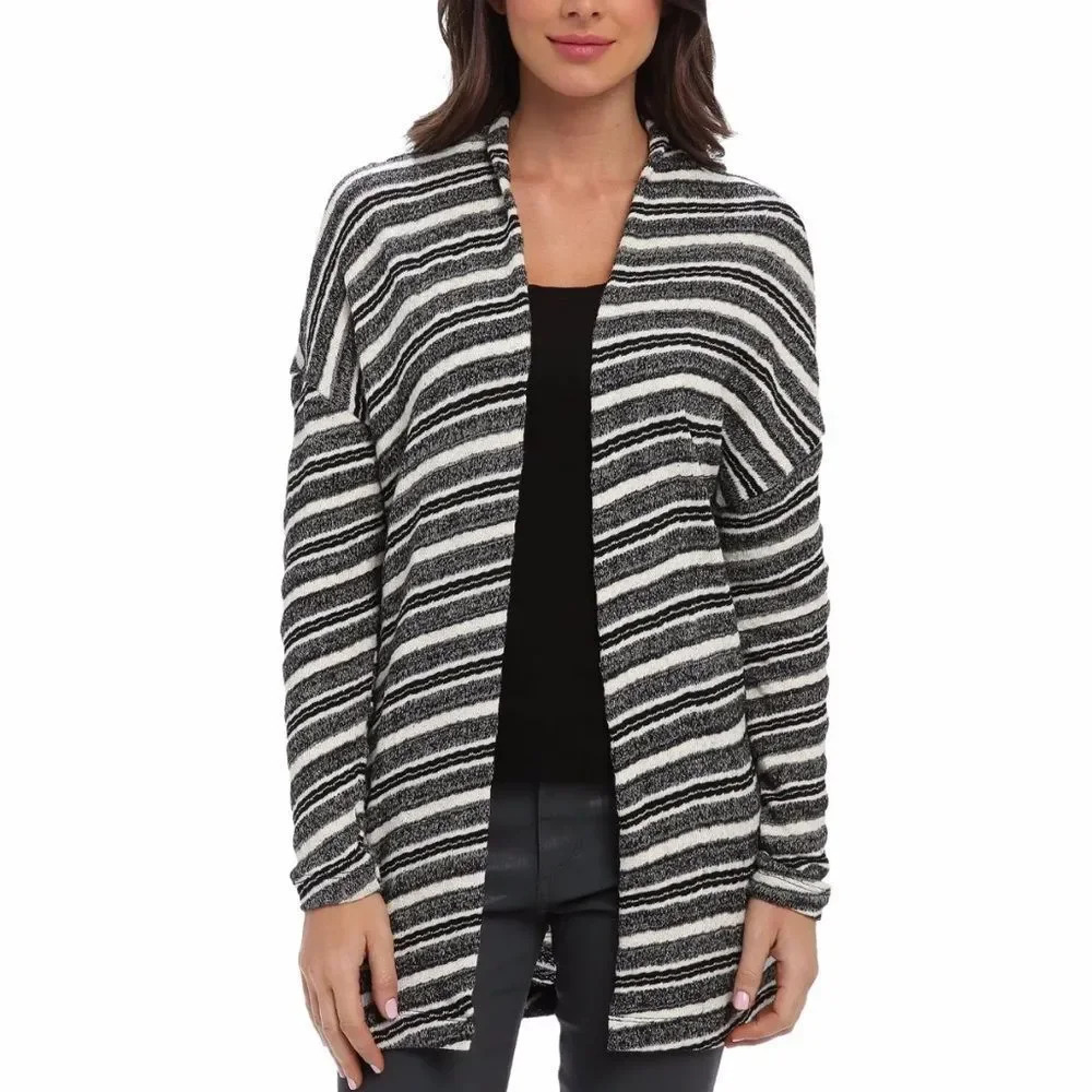 Three Dots Black‎ Cream Off White Striped Open Cardigan Sweater Jacket Size L